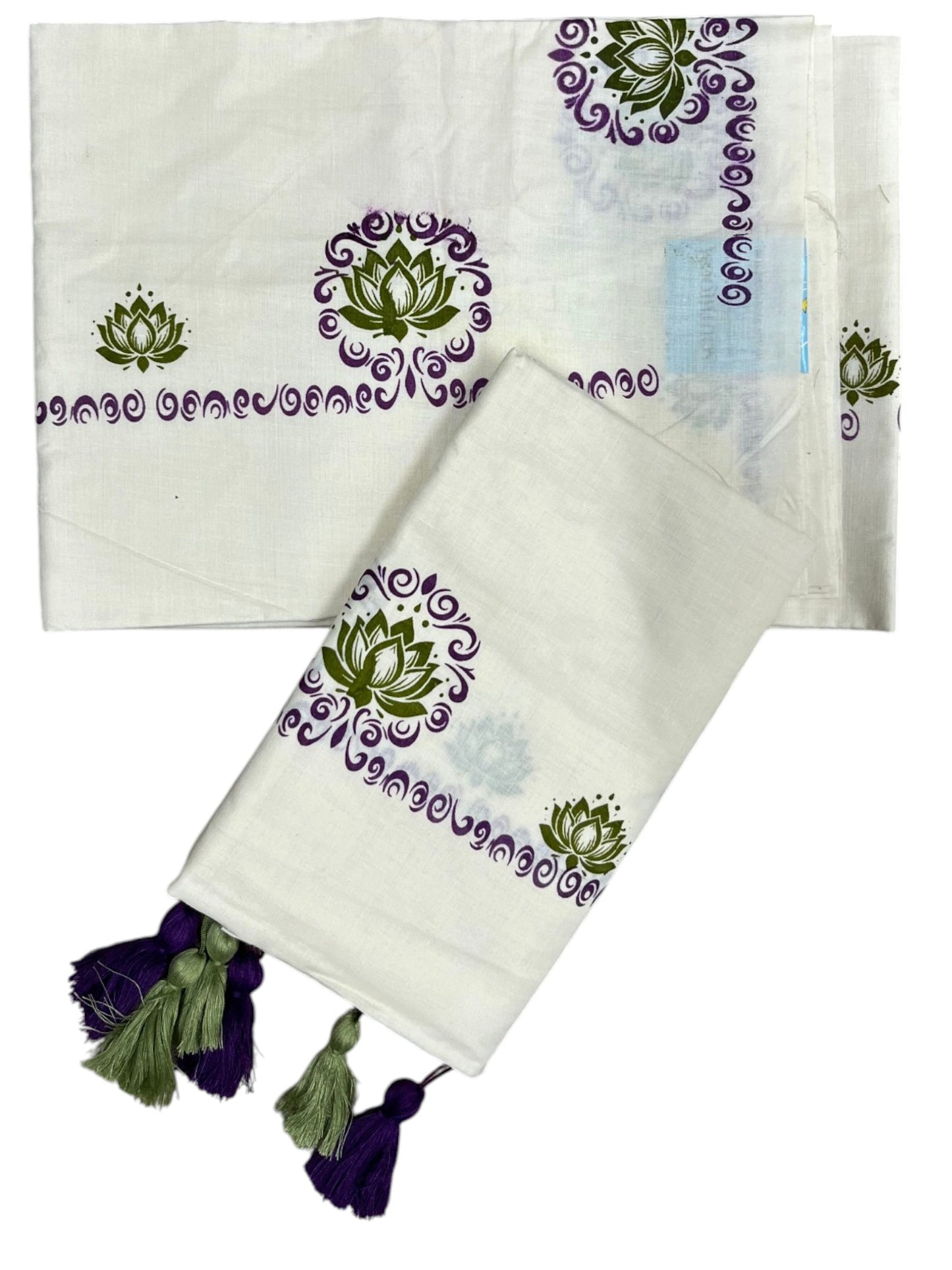 Southloom Kerala Cotton Single Set Mundu (Mundum Neriyathum) with Peach &Voilet Lotus Block Printed Design