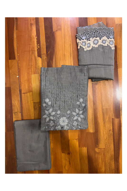 Southloom™ Semi Tussar Grey Churidar Salwar Suit Material with Bead Works on Yoke Portion