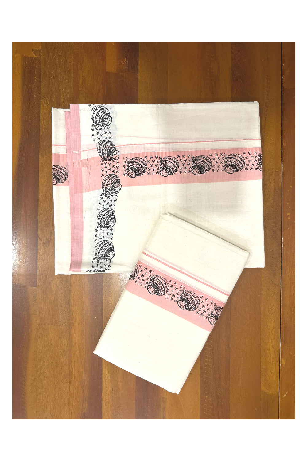 Kerala Cotton Set Mundu (Mundum Neriyathum) with Black Block Prints in Pink Border (Onam Set Mundu 2023)