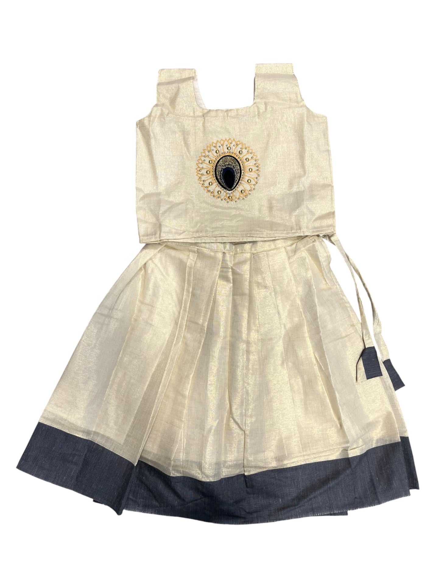 Southloom Kerala Tissue Kasavu Pavada Blouse with Embroidery Work for Kids