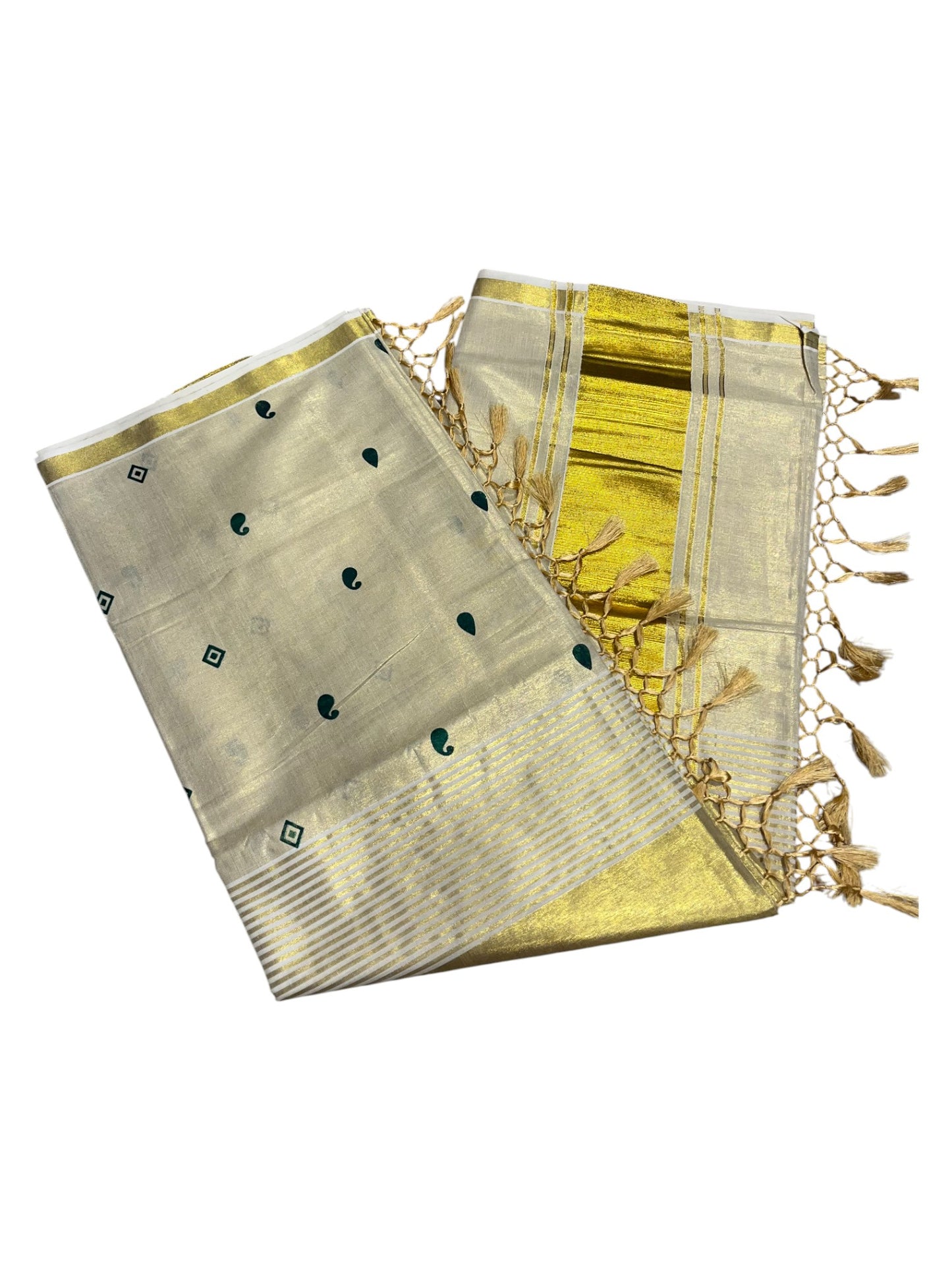 Southloom Kerala Tissue Kasavu Saree Green Hand Printed