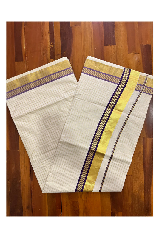 Pure Cotton Kerala Kasavu Lines Design Saree with Violet Border