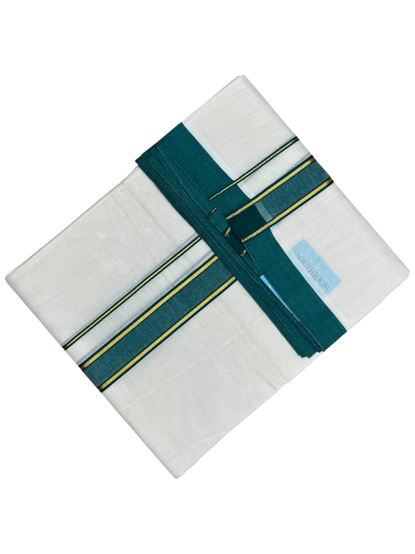 Southloom Pure Cotton Mundu with Gold Lines and Green Border (South Indian Kerala Dhoti)