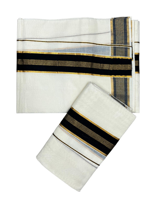 Kerala Cotton Kasavu Single Set Mundu (Mundum Neriyathum) with Black Kasavu Border in 2.80 Mtrs
