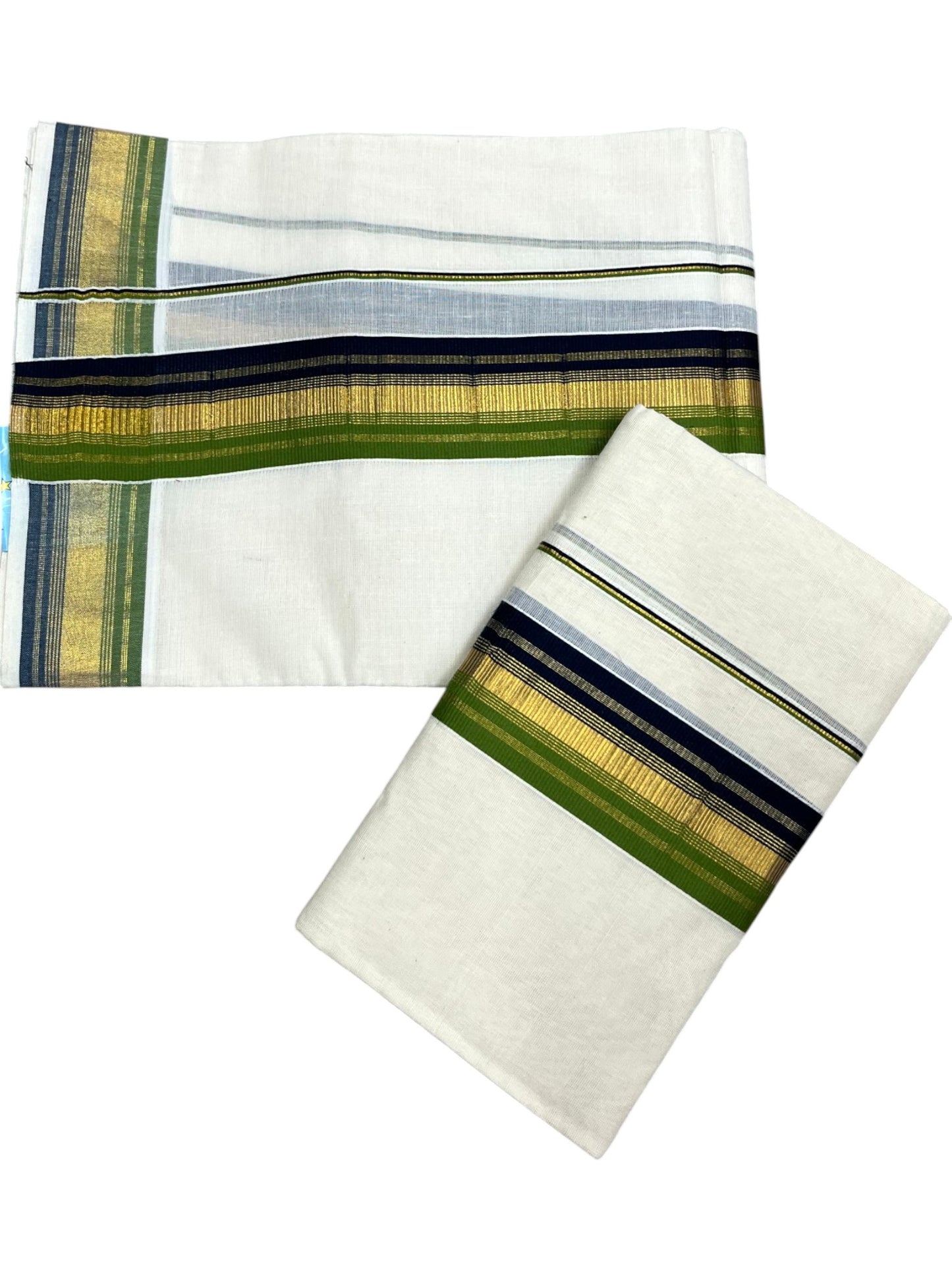 Southloom Kerala Cotton Kasavu Single Set Mundu (Mundum Neriyathum) with Blue and Olive Green Kasavu Border SLKK SL480