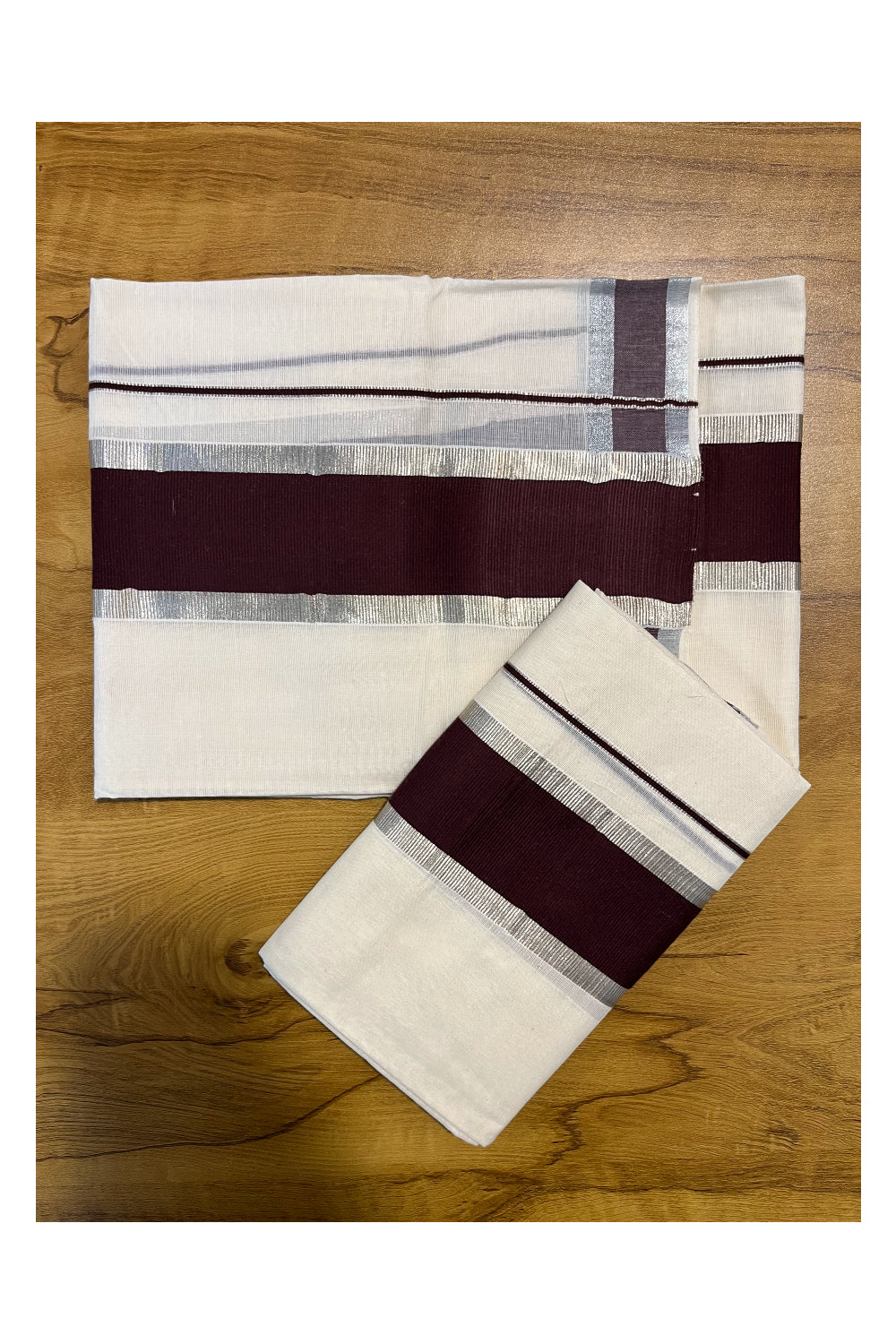 Kerala Cotton Mundum Neriyathum Single (Set Mundu) with Dark Brown and Silver Kasavu Border 2.80 Mtrs  SLKK SL470