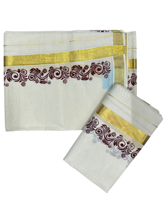 Southloom Pure Cotton Kerala Single Floral Print Set Mundu (Mundum Neriyathum) Maroon Border in 2.80 mtrs SL245
