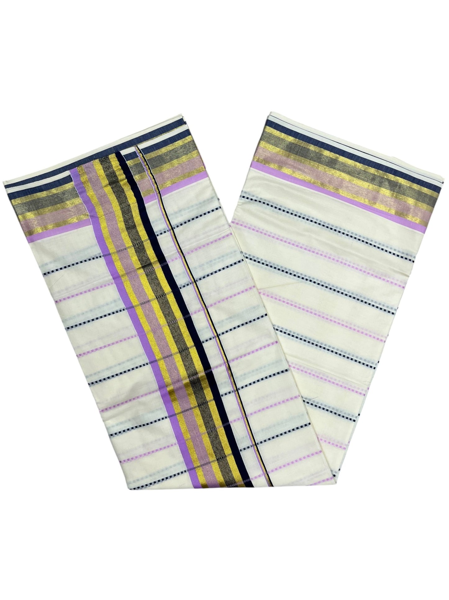 Southloom Cotton Kasavu Saree with Lavendar and Black Thread Work Across Body