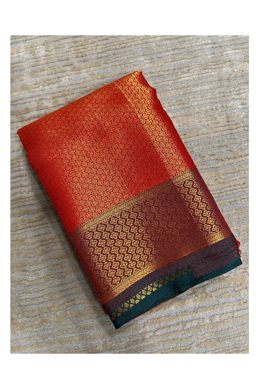 Southloom Brocade Silk Bridal Saree WIth Woven Borders And Blouse Piece in Red And Green