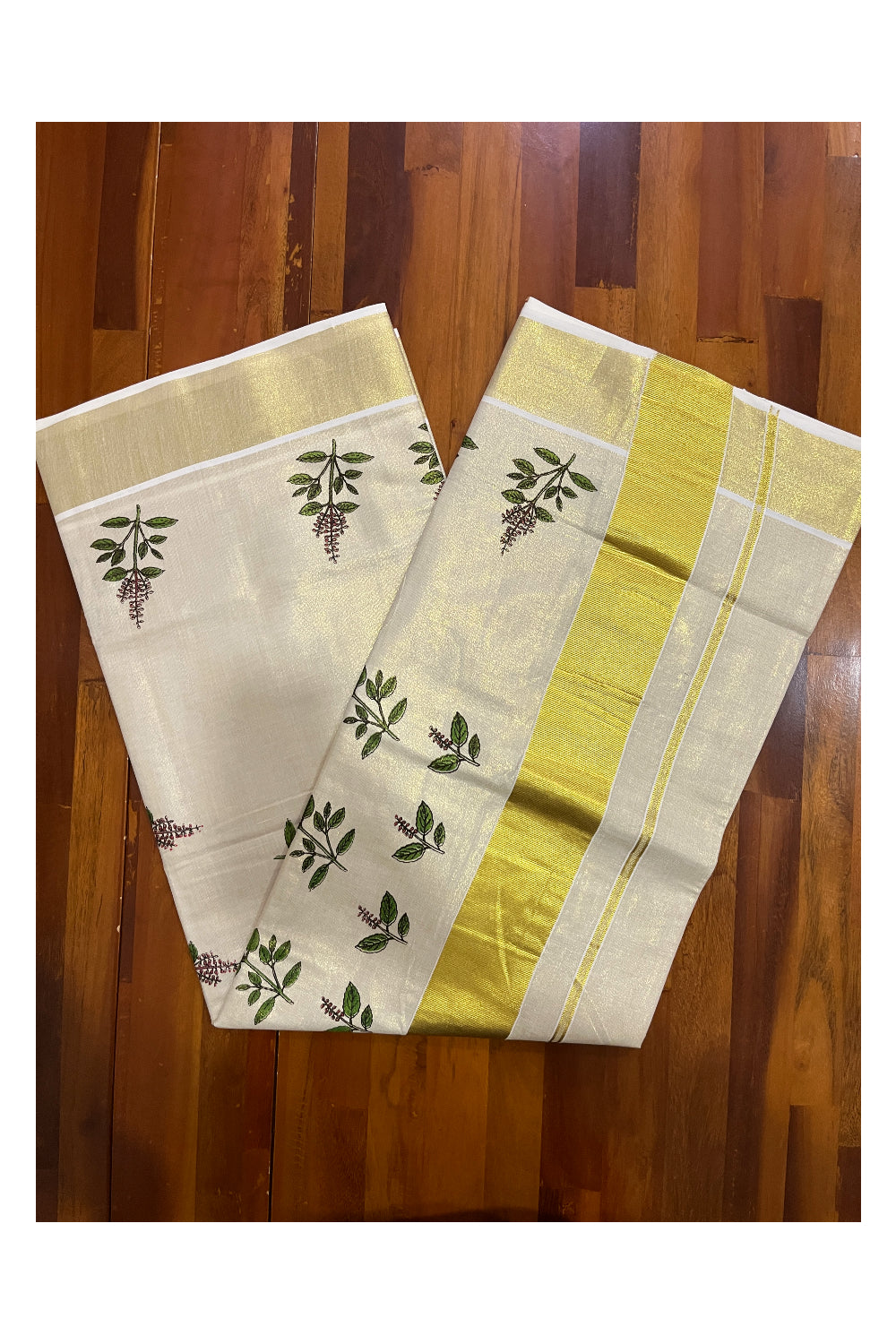 Kerala Kasavu Tissue Saree with Thulasi Kathir Mural Prints on Body