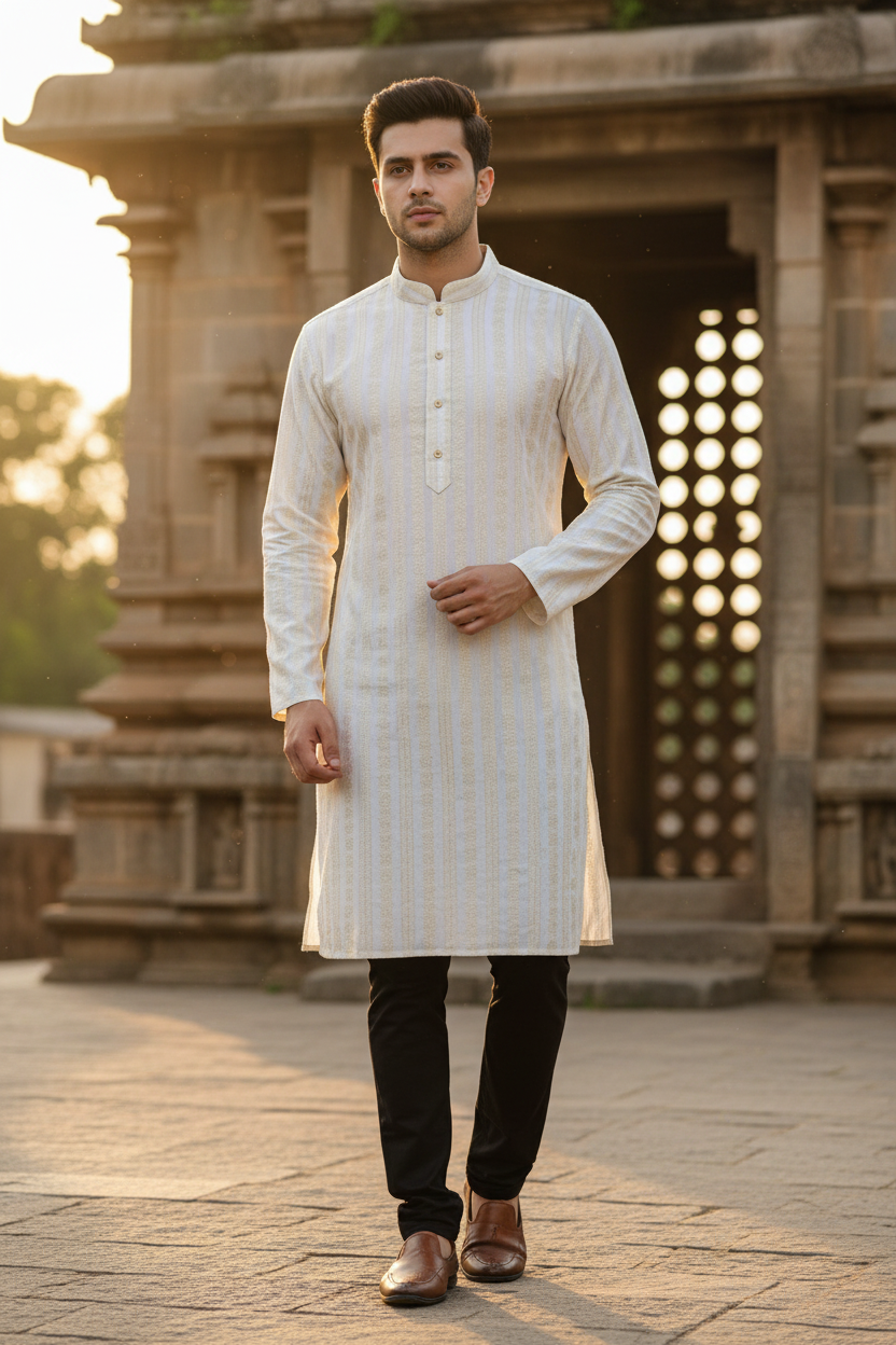 Southloom White Woven Patterns Semi Silk Short Kurta for Men