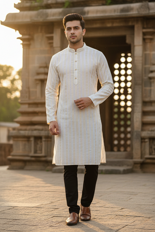 Southloom White Woven Patterns Semi Silk Short Kurta for Men
