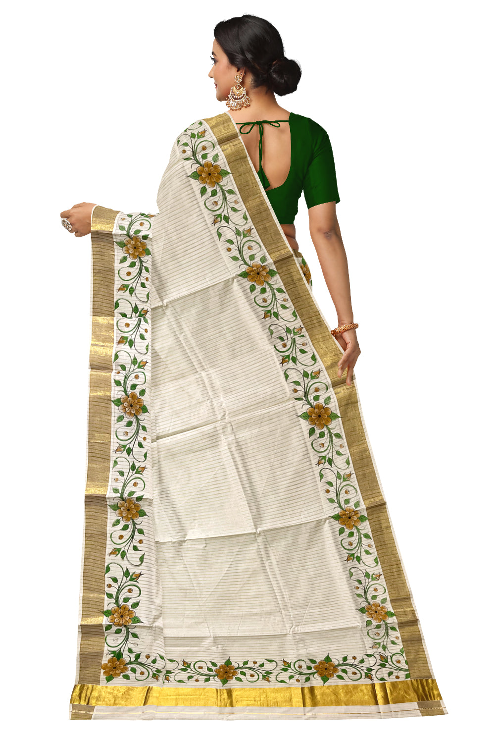 Pure Cotton Kerala Kasavu Lines Design and Brown Floral Block Printed Saree