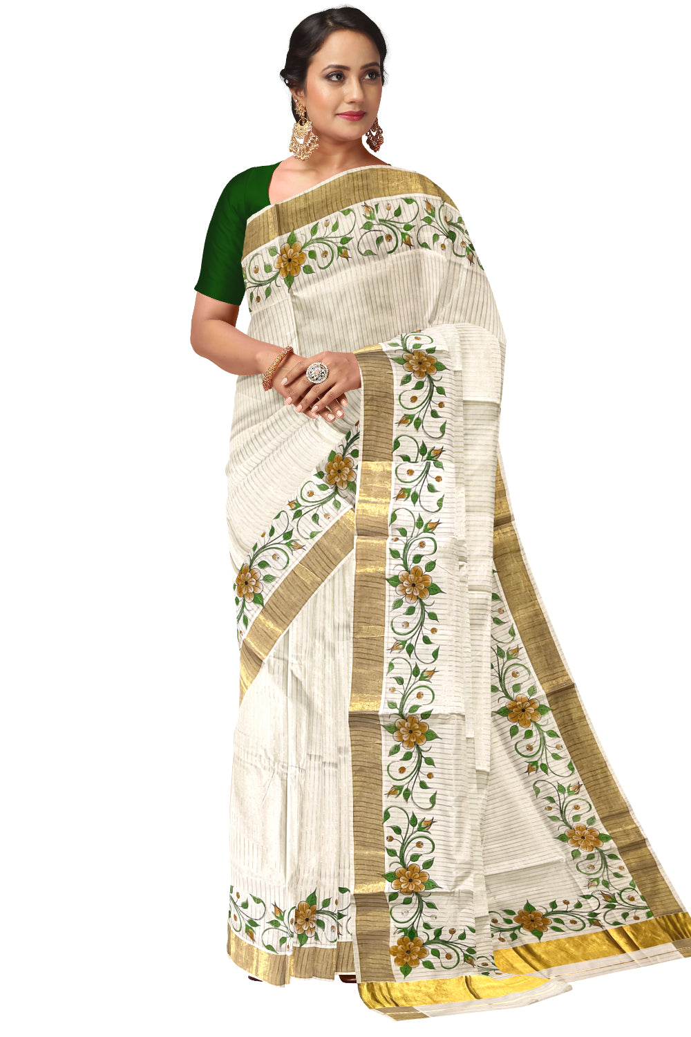 Pure Cotton Kerala Kasavu Lines Design and Brown Floral Block Printed Saree