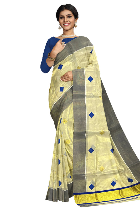 Kerala Tissue Kasavu Saree with Blue Woven Butta Designs and Tassels Works