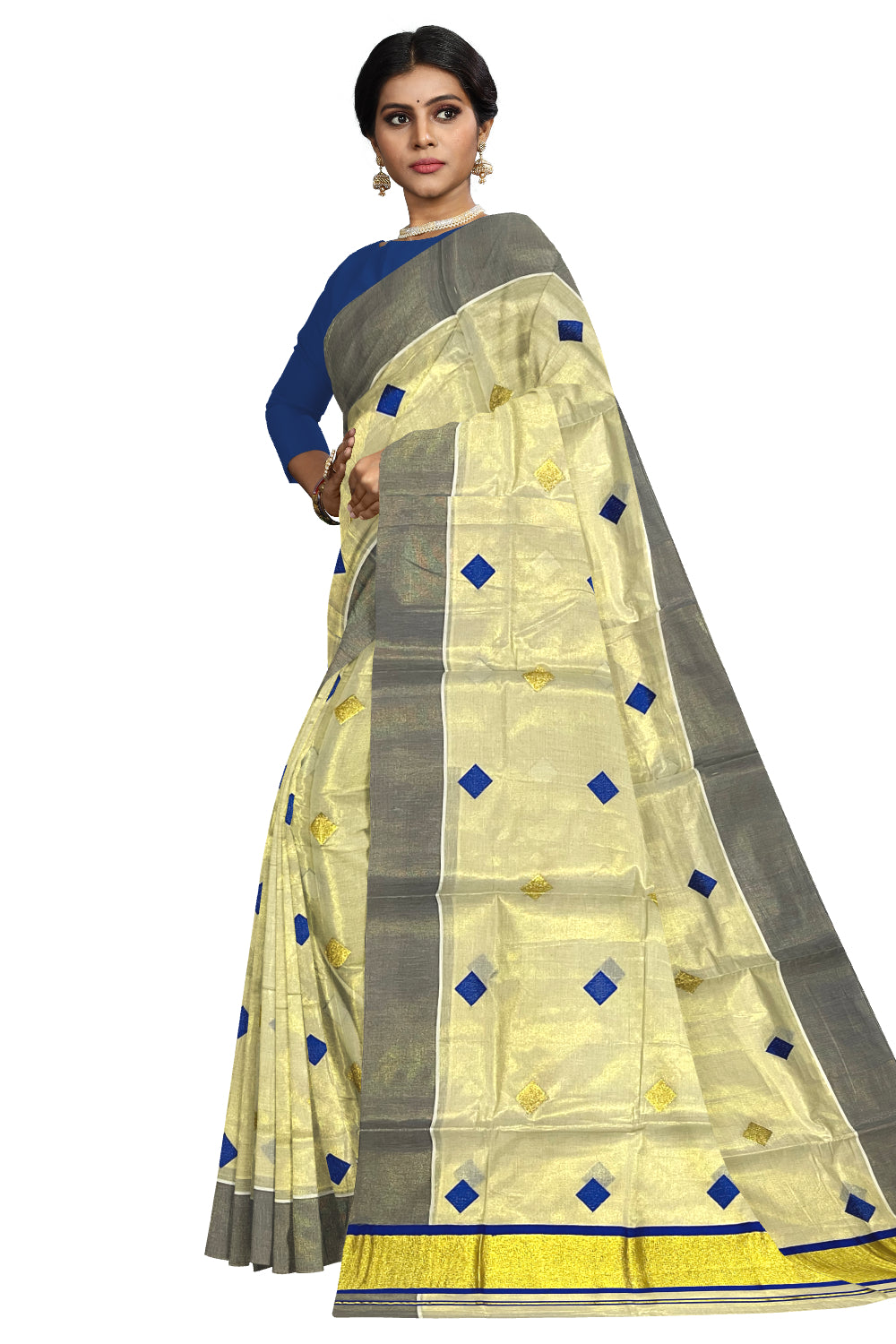 Kerala Tissue Kasavu Saree with Blue Woven Butta Designs and Tassels Works