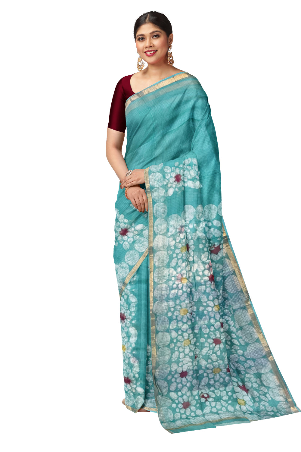 Southloom Kota Fabric Printed Turquoise Saree