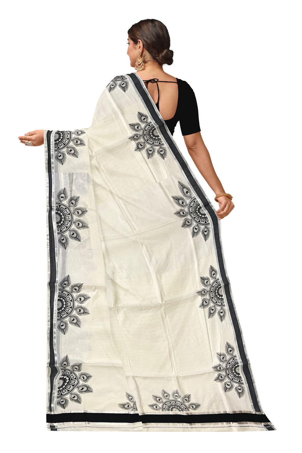 Pure Cotton Kerala Block Semi Circle Feather Design Printed Saree with Black and Silver Kasavu Border