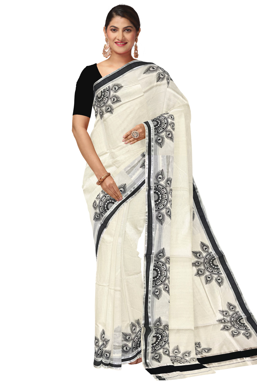 Pure Cotton Kerala Block Semi Circle Feather Design Printed Saree with Black and Silver Kasavu Border