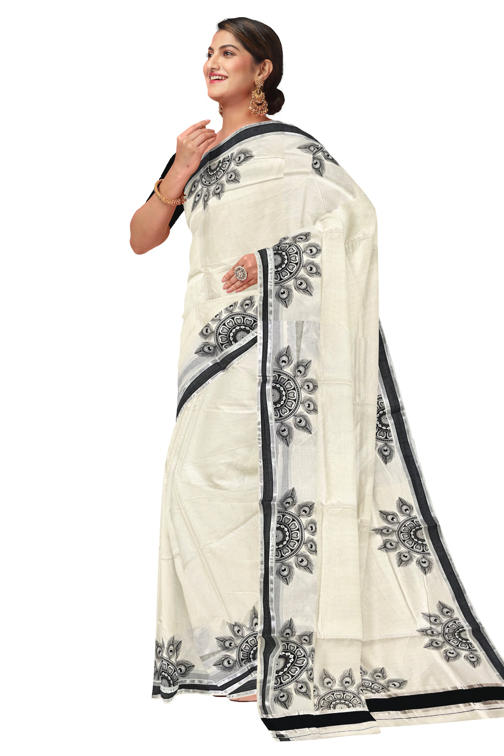 Pure Cotton Kerala Block Semi Circle Feather Design Printed Saree with Black and Silver Kasavu Border