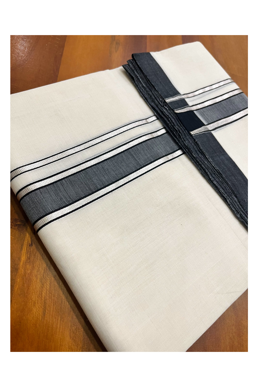 Premium Balaramapuram Handloom Unakkupaavu Cotton Double Mundu with Black and Silver Kasavu Border (Vishu 2024 Collection)