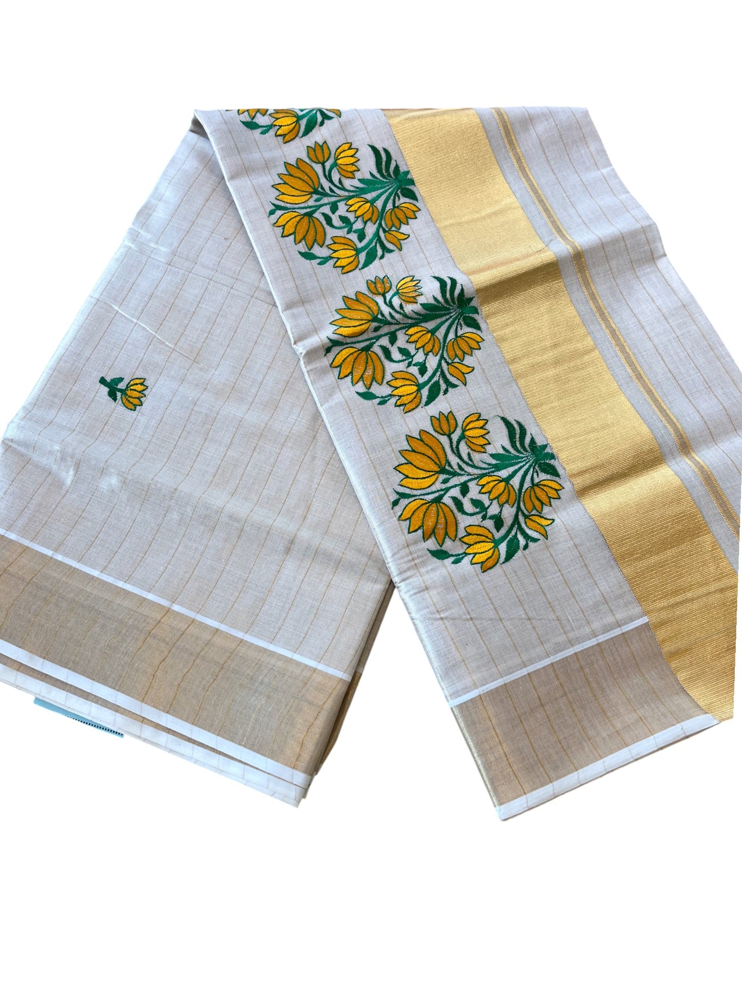 Southloom Kerala Tissue Stripes Kasavu Saree Yellow Floral Embroidery Design