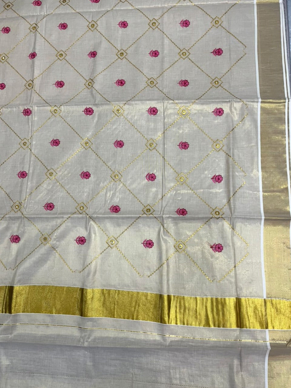 Southloom Kerala Tissue Kasavu Saree with Floral Embroidery Work on Body in Pink