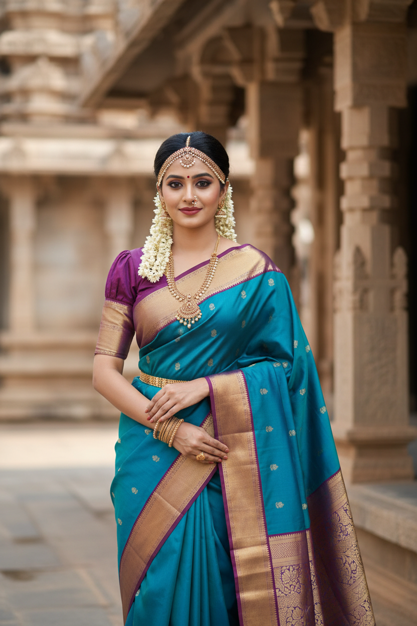 Southloom Pure Handloom Bridal Kanchipuram Silk Saree with Korvai Work (Blue & Violet)