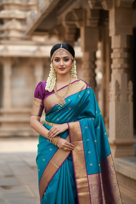 Southloom Pure Handloom Bridal Kanchipuram Silk Saree with Korvai Work (Blue & Violet)