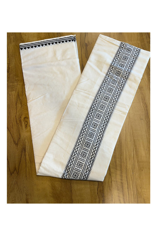 Pure Cotton Off White Double Mundu with Block Prints on Black Kara (South Indian Dhoti)