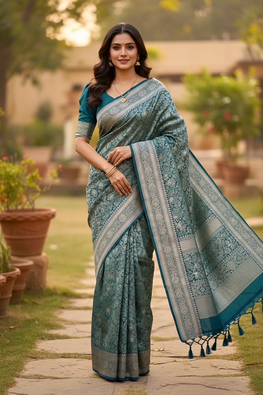 Southloom Pure Banarasi Silk Saree with Woven Work on Body and Borders (Blue)