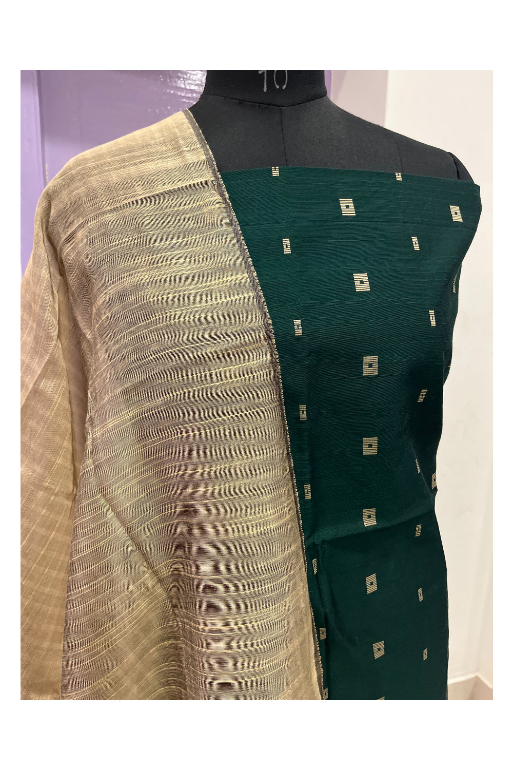 Southloom™ Cotton Dark Green Churidar Salwar Suit Material with Grey Duppatta