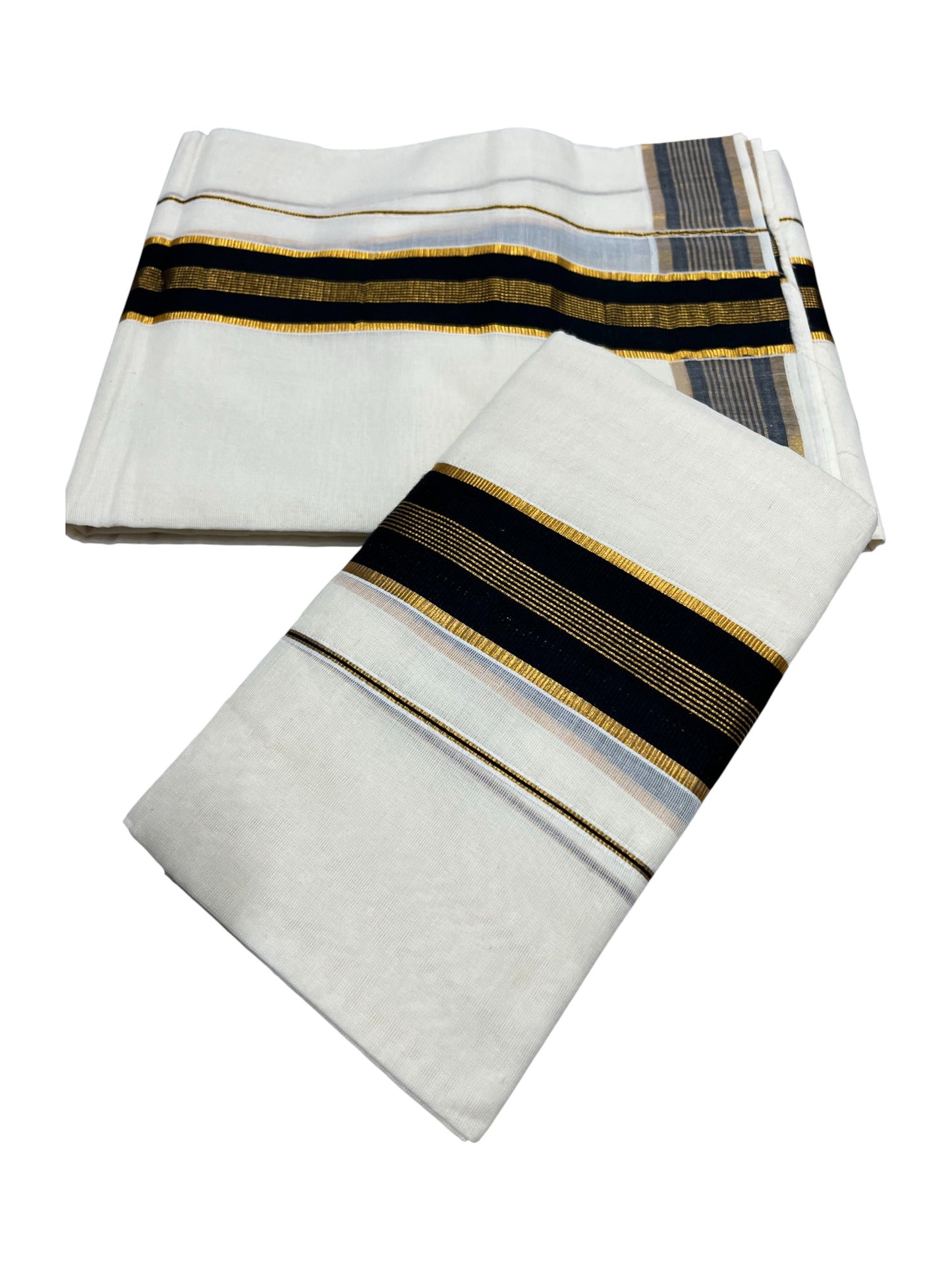 Kerala Cotton Kasavu Single Set Mundu (Mundum Neriyathum) with Black Kasavu Border