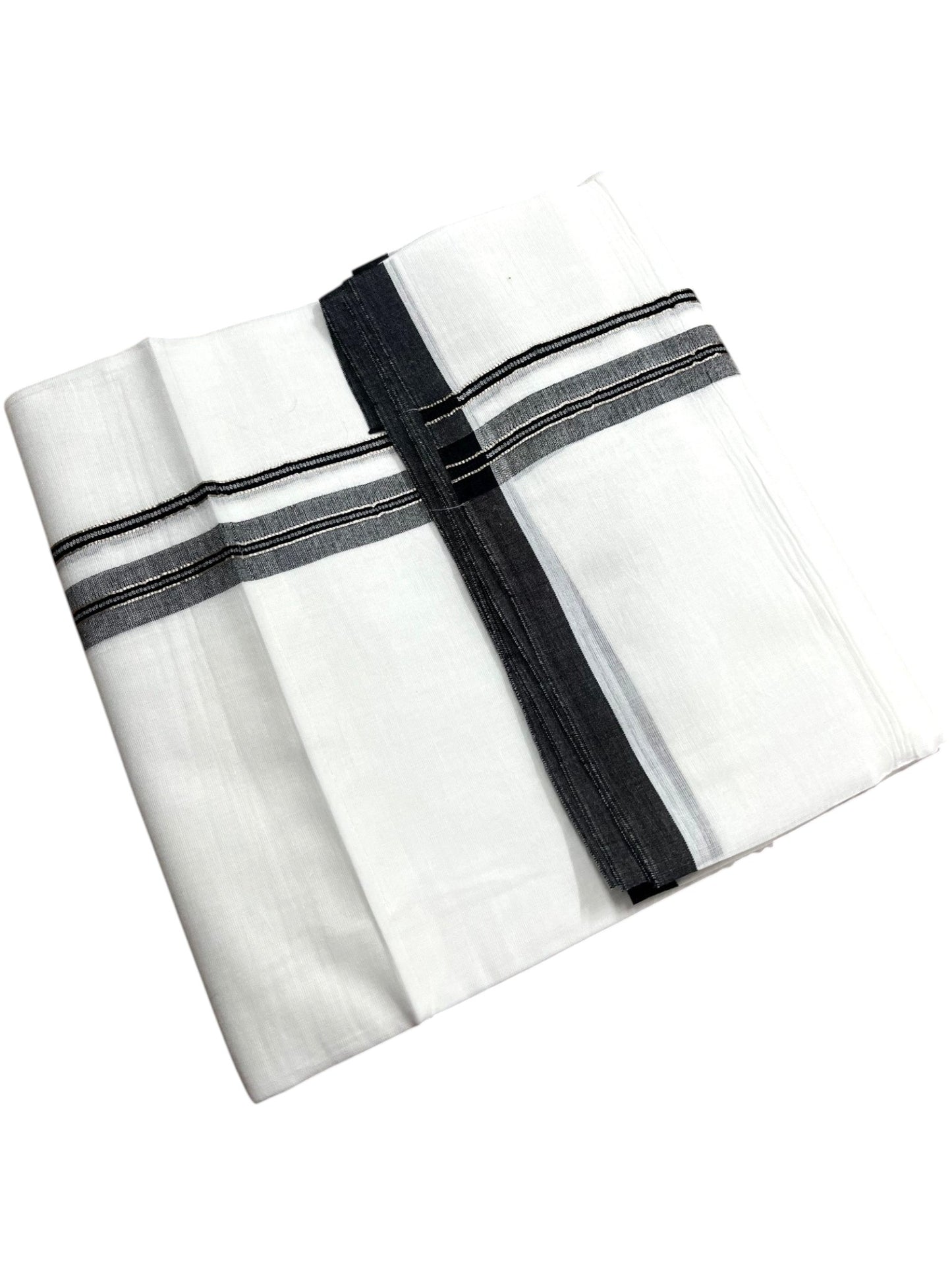 Southloom Pure White Cotton Mundu with Black & Silver Line Border (South Indian Kerala Dhoti)