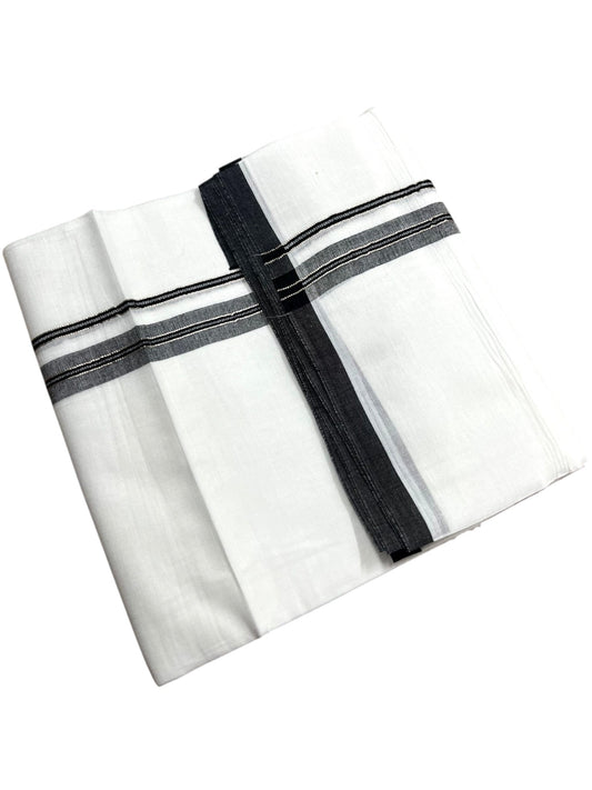 Southloom Pure White Cotton Mundu with Black & Silver Line Border (South Indian Kerala Dhoti)
