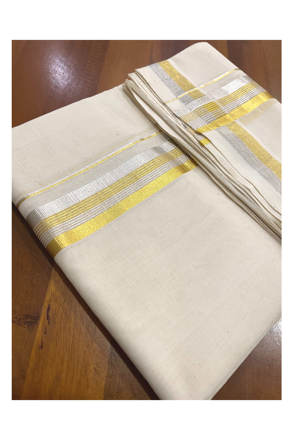 Southloom Premium Balaramapuram Unakkupaavu Wedding Handloom Mundu with Golden and Silver Kasavu Border (South Indian Kerala Dhoti)