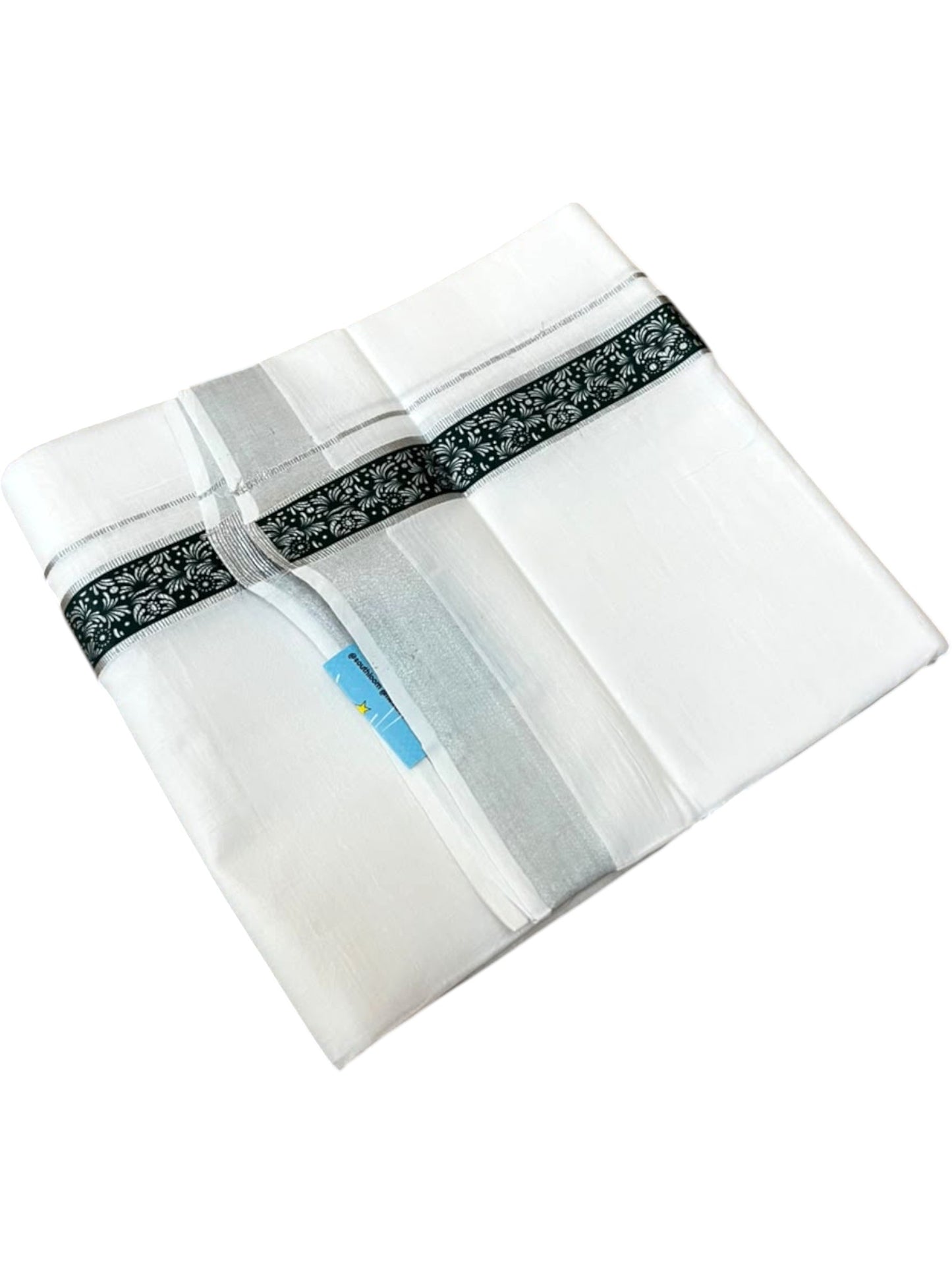Southloom Pure White Cotton Mundu with Dark Green and Silver Kasavu Border (South Indian Kerala Dhoti)