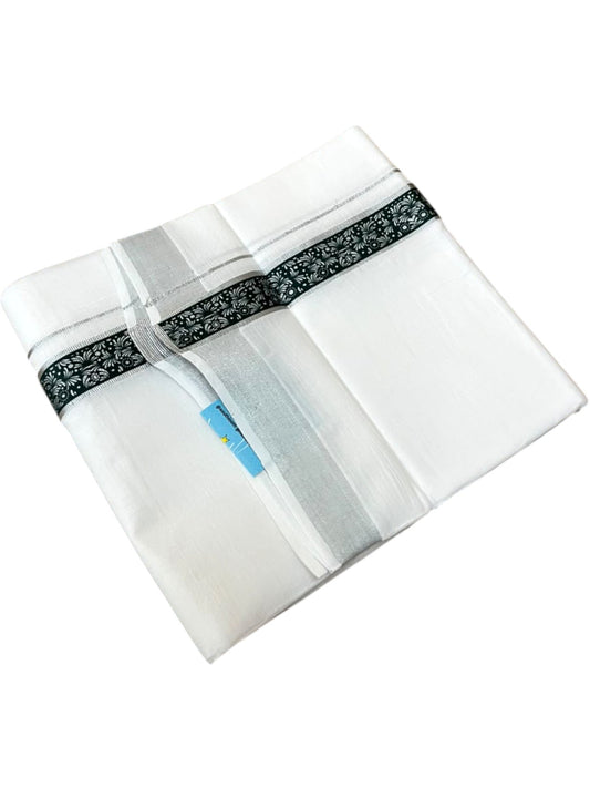 Southloom Pure White Cotton Mundu with Dark Green and Silver Kasavu Border (South Indian Kerala Dhoti)