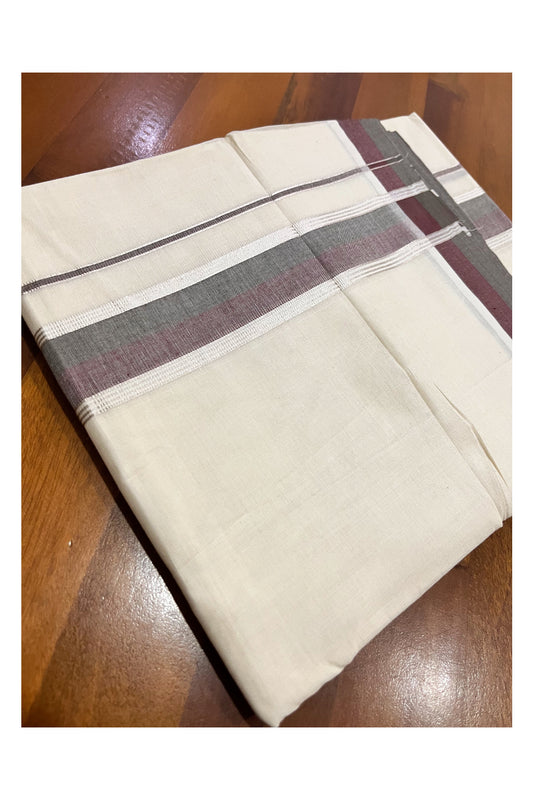 Kerala Pure Cotton Double Mundu with Maroon Grey and Silver Kasavu Border (South Indian Kerala Dhoti)