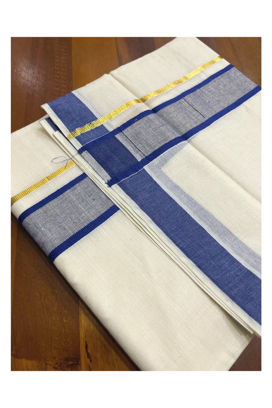 Kerala Pure Cotton Double Mundu with Dark Blue and Kasavu Border (South Indian Kerala Dhoti)