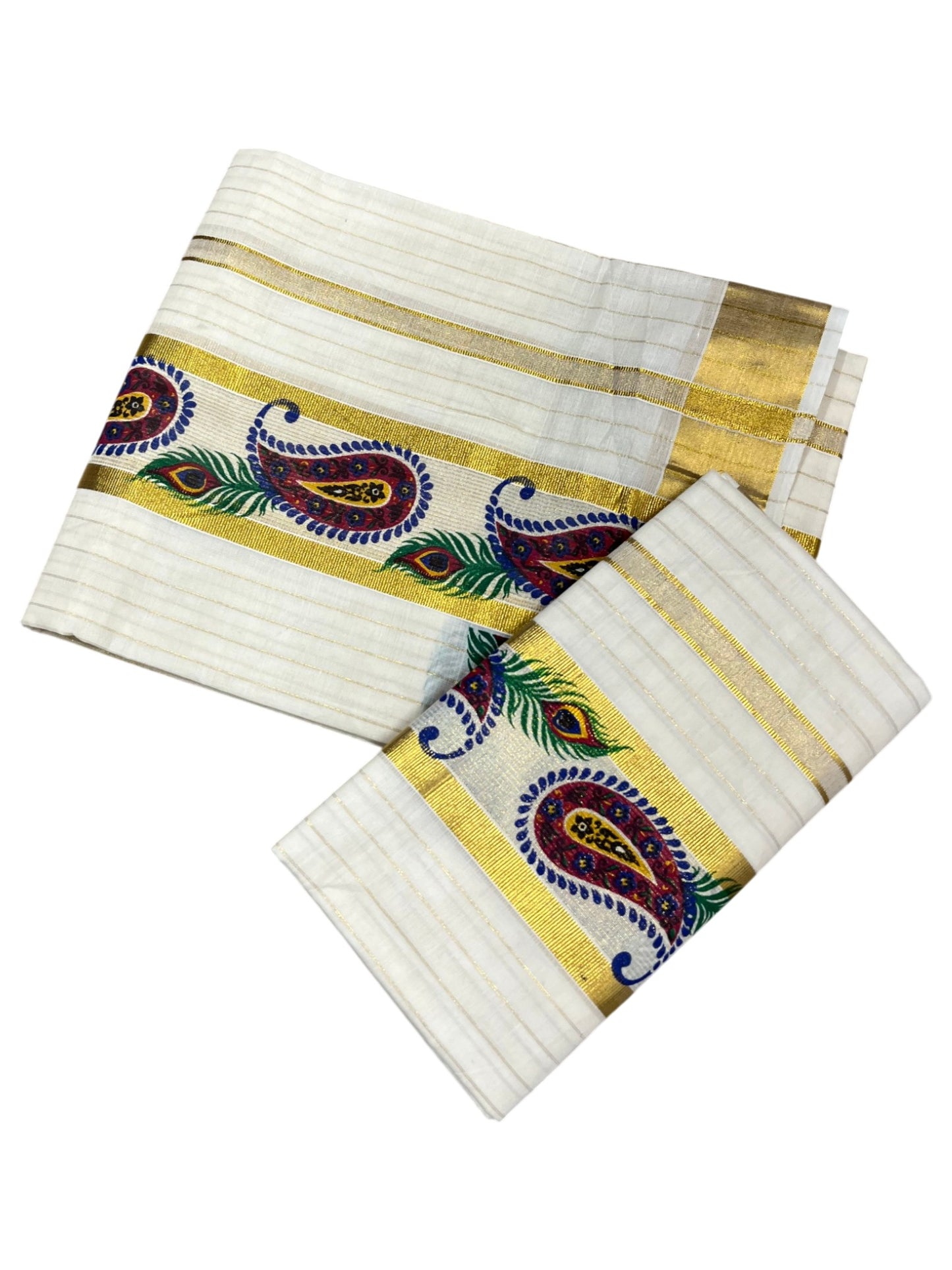 Southloom  Cotton Lines Single Set Mundu (Mundu Neriyathum) Floral Digital Print With Gold Border Kasavu in 2.80 Mtrs