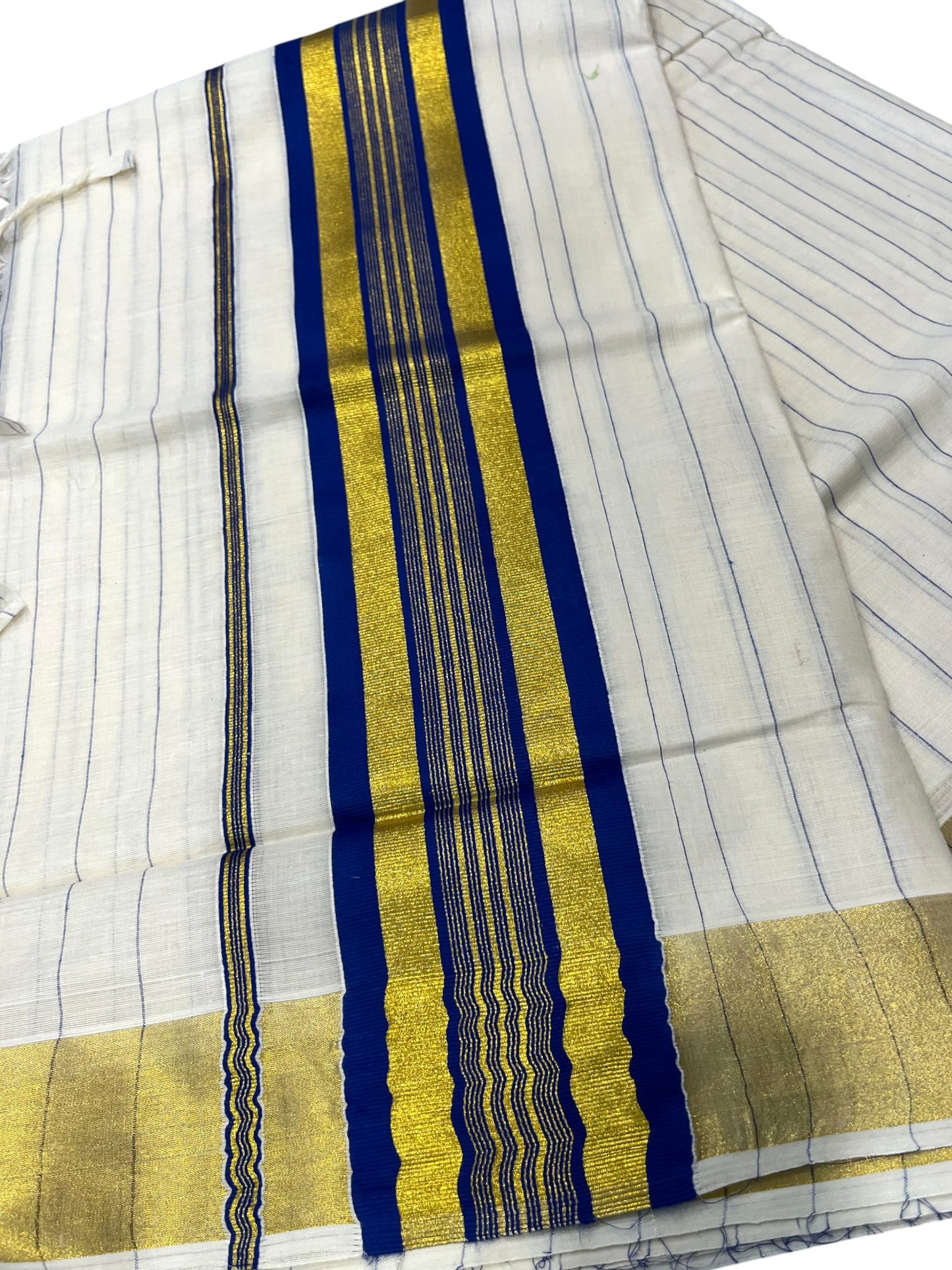 Southloom Kerala Cotton Kasavu Saree with Gold And Blue Lines on Body