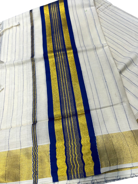 Southloom Kerala Cotton Kasavu Saree with Gold And Blue Lines on Body