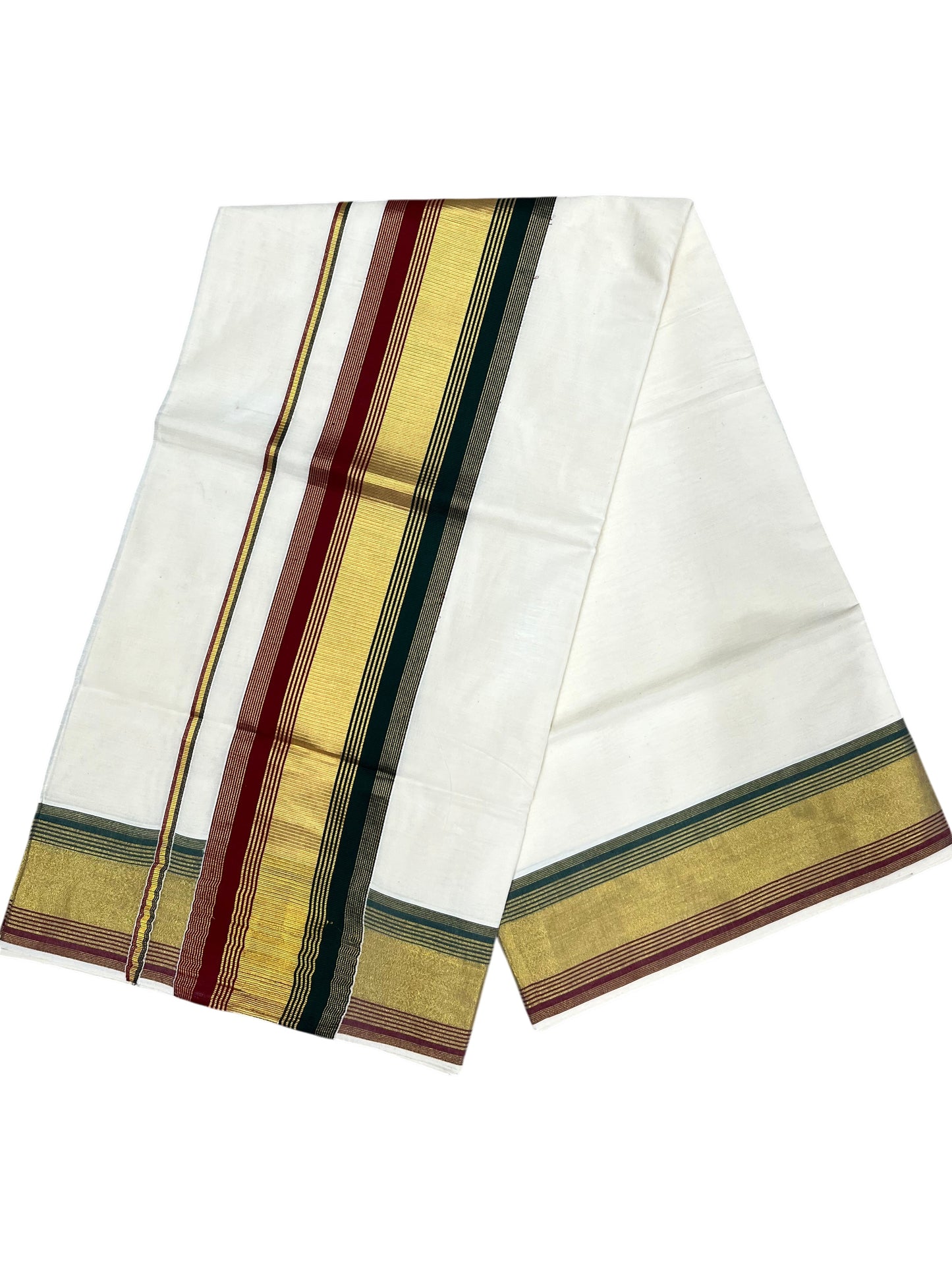 Southloom Kerala Cotton Kasavu Saree with Green And Maroon Border