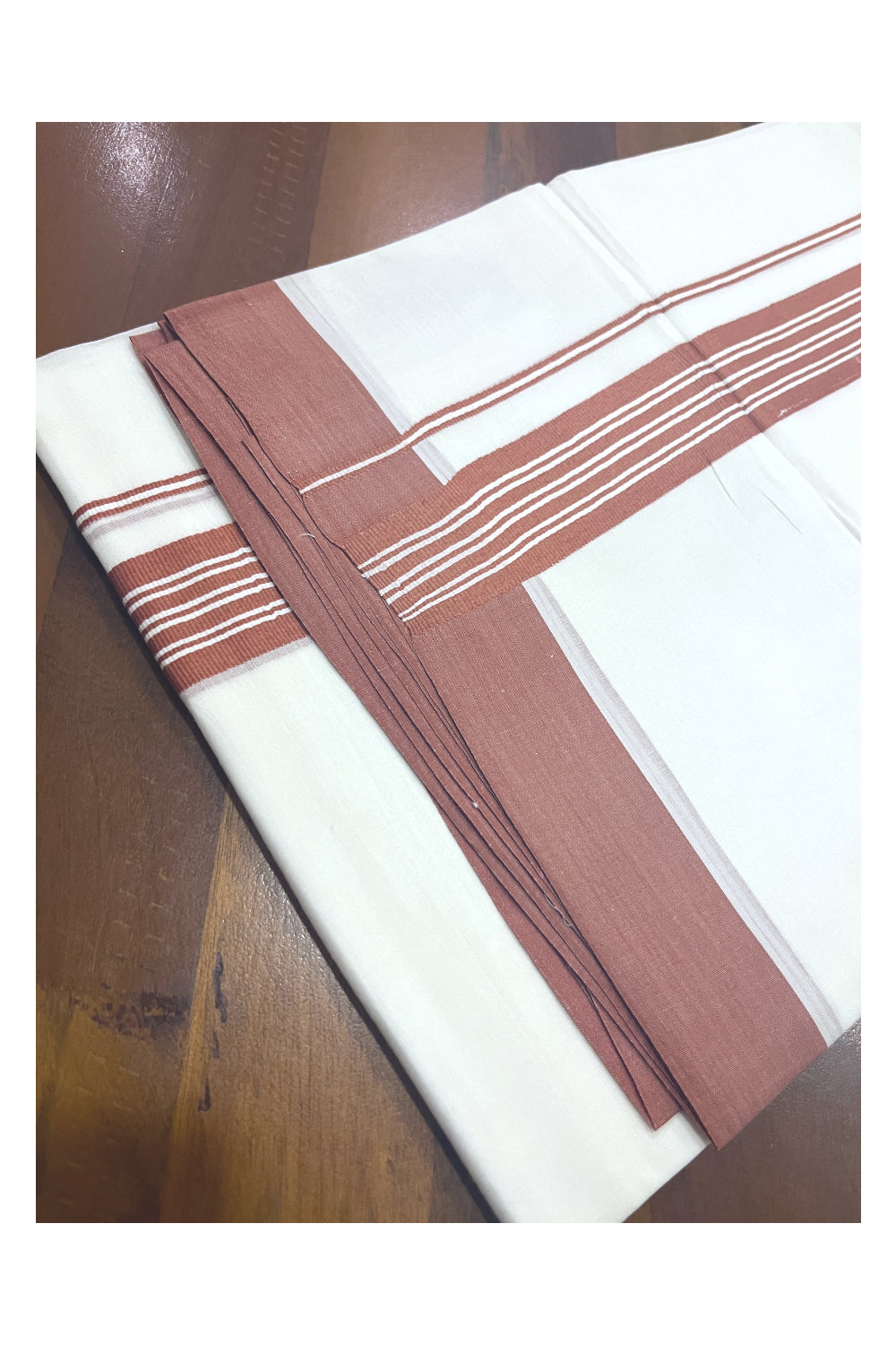 Pure White Cotton Double Mundu with Dark Orange Lines Border (South Indian Kerala Dhoti)