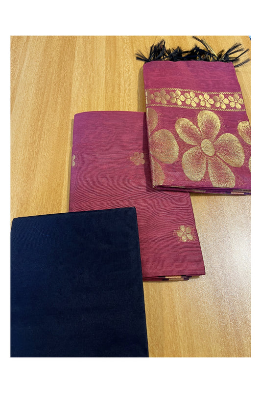 Southloom™ Cotton Semi Silk 3 Piece Maroon and Blue Salwar Material with Woven Zari Butta Work