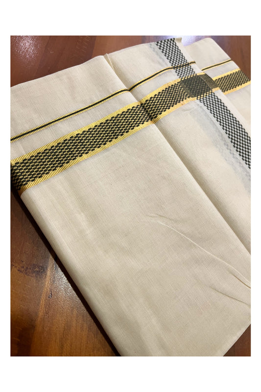 Kerala Pure Cotton Double Mundu with Kasavu and Green Woven Border (Vishu 2024 Collection)