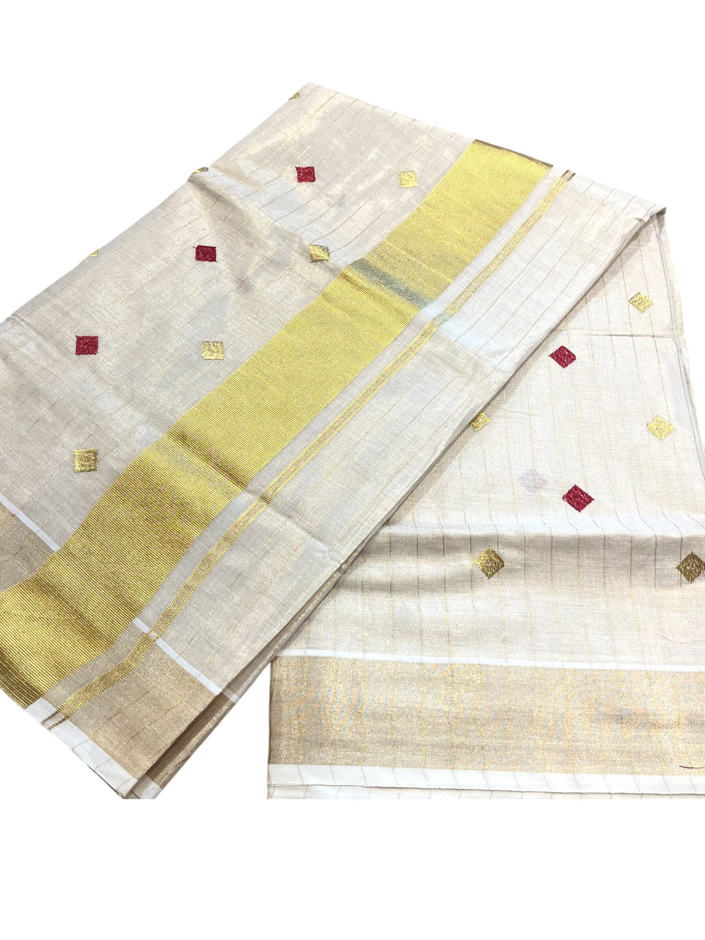 Southloom Kerala Tissue Kasavu Stripes Saree With Maroon Diagonal Embroidery on Body