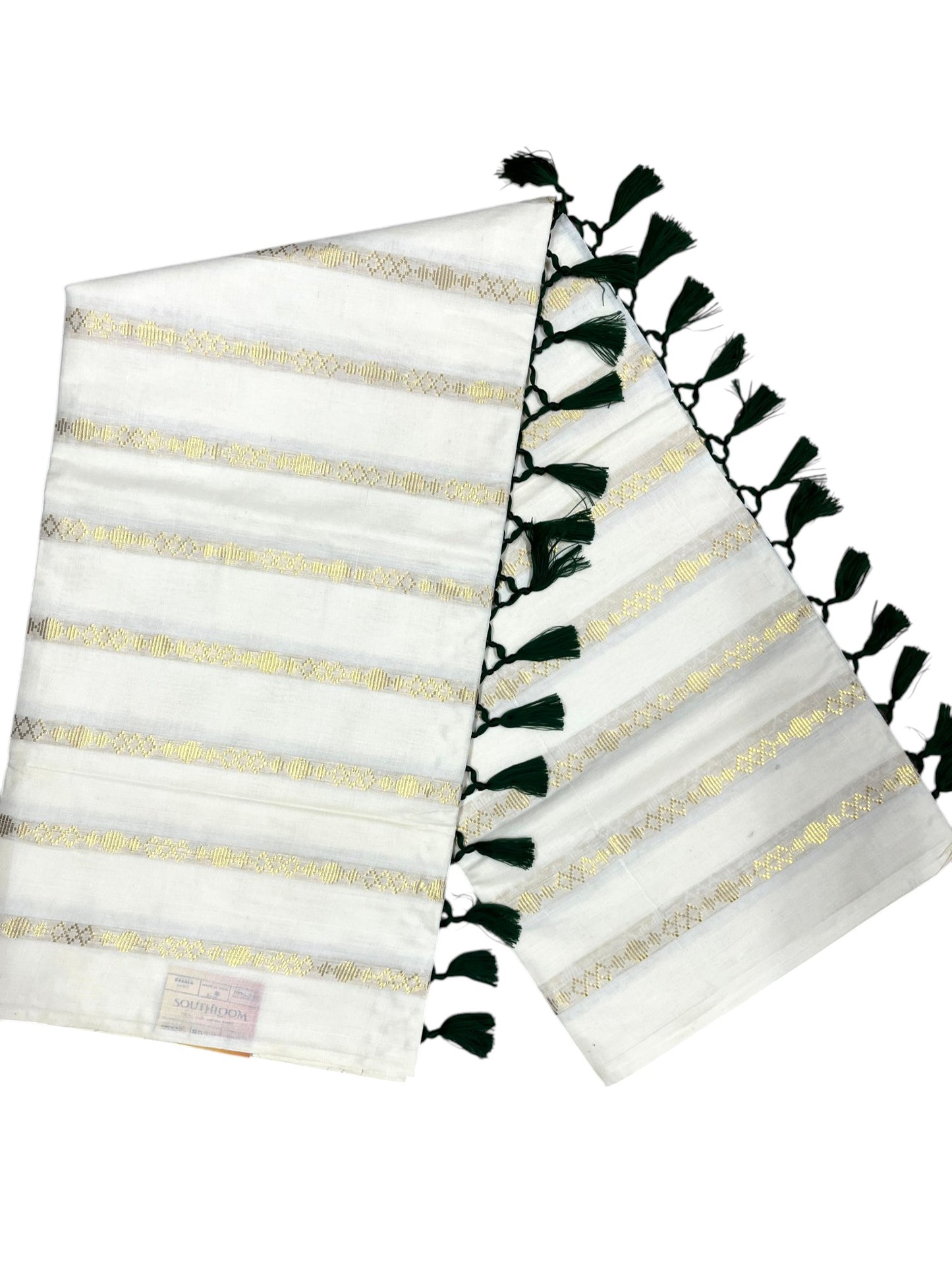 Southloom Kerala Cotton Kasavu Saree with Stripes on Body and Green Tussels