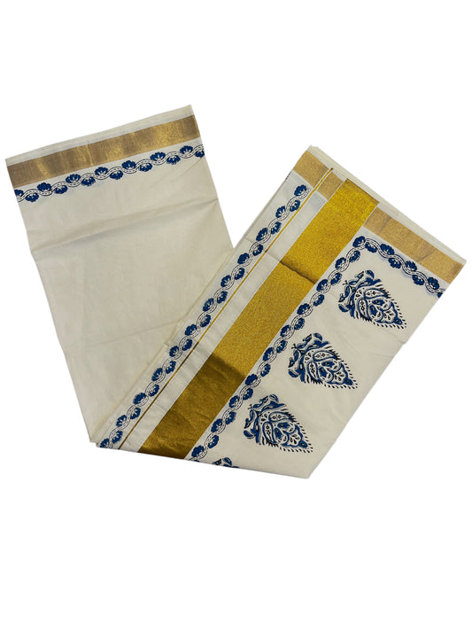 Southloom Cotton Kerala Kasavu Saree with Blue and Black Block Prints On Border